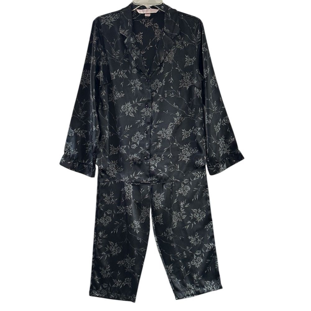 Y2K Victoria’s Secret Satin Pajama Set Long Sleeve Pants Medium Black Gray
